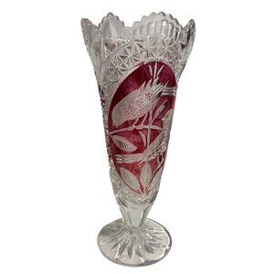 Hofbauer Byrdes Crystal Vase With Bird Motif & Ruby Red Overlay 10.5" Tall Vtg